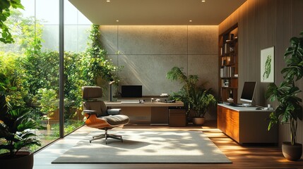 Sunlit Modern Home Office, Lush Garden View, Desk, Plants