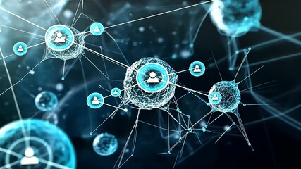 Scientific D illustration of multiple translucent spheres containing luminescent blue exosomes, surrounded by molecular structures and soft floating particles, highlighting biotec - Powered by Adobe