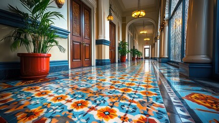 Ornate hallway, tiled floor, plants, colonial architecture, interior design, travel, perspective, bright lighting, showcasing luxury hotel space