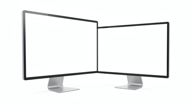 Dual Monitor Setup Modern Sleek Design, Blank Screens, Mockup
