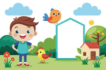 Fototapeta premium Cartoon Boy, Cute Birds, Green Nature Scene, Home Structure Illustration, Layout