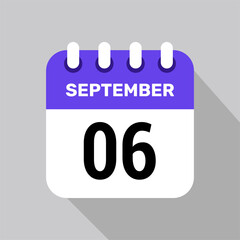 calendar 6 september icon date background. Vector schedule symbol.