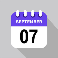 calendar 7 september icon date background. Vector schedule symbol.