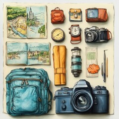 Traveler's Flatlay Gear, Sketches, Cityscapes, Journey Prep