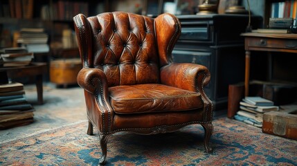 Antique leather armchair in library, bookshelves, reading