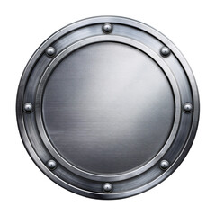 A silver metal circle with a lot of holes in it. It looks like a shield or a piece of armor