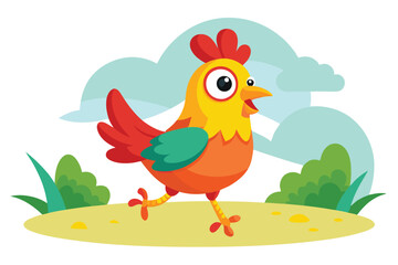 Naklejka premium Cartoon Chicken Strutting Art With Red Comb and Feathered Tail on Field