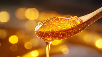 Golden honey dripping from a wooden spoon onto a fresh honeycomb.