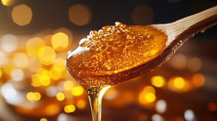 Golden honey dripping from a wooden spoon onto a fresh honeycomb.
