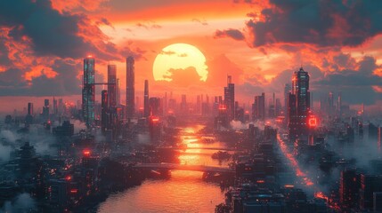 Futuristic city sunset river aerial dystopian artwork