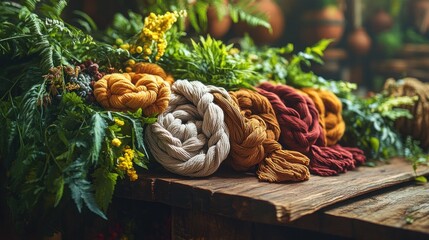 Rustic table, dyed fabrics, herbs, garden, natural dyes, crafting