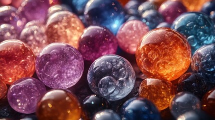 Colorful glass spheres close-up, studio shot, background blur, decorative