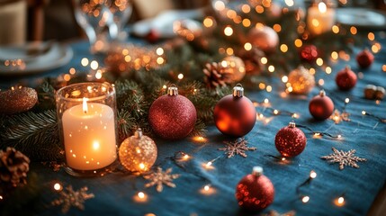 Festive Christmas table setting with candlelight, ornaments, and lights