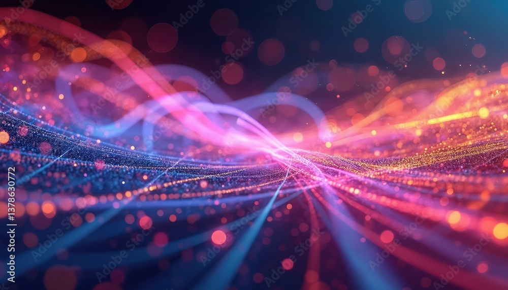 Poster abstract tech background with fiber optic cables and data streams. colorful 3d rendering of new tech