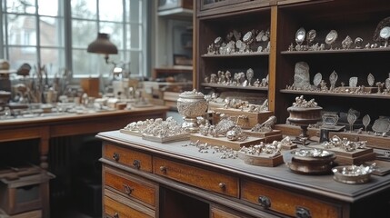 Silverware workshop interior, antique display, dusty, craftsman's desk, museum setting