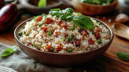 Delicious rice dish with peas, eggplant, and basil, rustic kitchen setting, food blog use