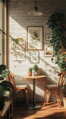A small, chic caf corner with minimalist furniture, potted plants, and artistic decorations. pic
