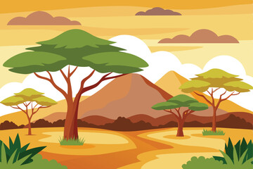 Cartoonish Savannah Landscape with Acacia Trees, Mountain and Warm Sunset Sky