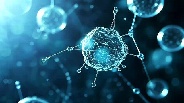 A conceptual biotech illustration showing blue exosome particles encapsulated in transparent spheres, with floating peptide chains and nano structures, designed for advanced cosmet