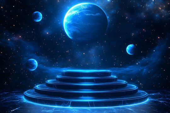 A sci-fi-inspired podium floating in space, with tiers made of glowing metallic material. Each tier is connected by floating orbs of light, with a planet and stars visible in the background.
