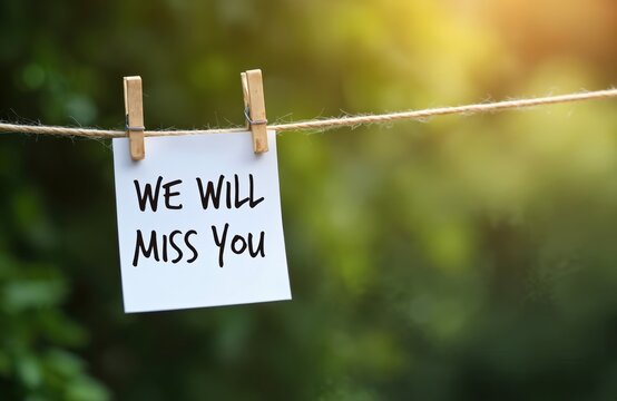 Message We will miss you written on white paper, hung with clothespins on rope. Concept of farewell, leaving, good bye note. Blurred green nature background. Love message, farewell concept.