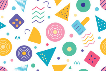 Colorful Geometric Shapes Pattern with Triangles, Circles and Wavy Lines on White