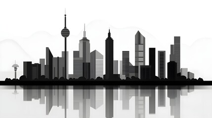 Fototapeta premium Monochrome Cityscape with Iconic Towers and Urban Reflection