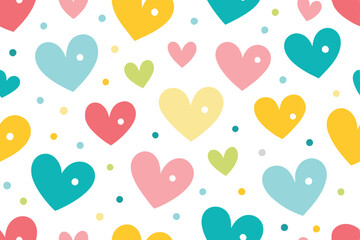 Colorful Hearts and Dots Pattern on White Background Seamless Cute Design
