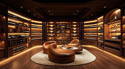 Luxurious wine cellar with warm lighting and elegant seating arrangement for intimate gatherings and tastings