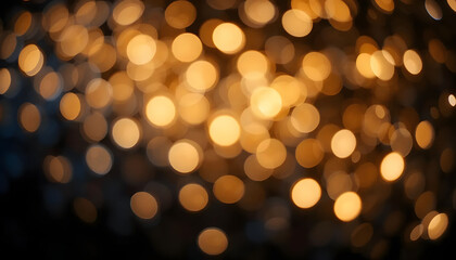 Obraz premium Glowing golden bokeh lights on a dark background, dreamy and elegant festive atmosphere.