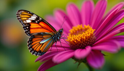 Fototapeta premium Close-up of a colorful butterfly on a vibrant flower, sharp macro details, nature beauty concept. 