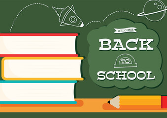 Back To School template and background with school supplies on a green board.