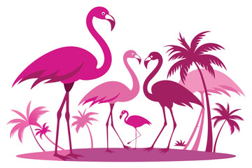 Exotic Pink Flamingo Family with Palm Trees in a Tropical Landscape Art