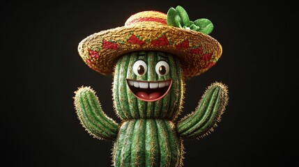 Spinning animated cactus wears festive sombrero and displays happy face against black background for Cinco de Mayo celebration