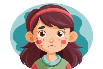 Cartoon Young Girl with Acne Skin, Pouting Face on Transparent Background