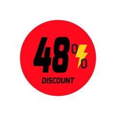 48% discount icon vector a red circular tag with and a yellow lightning bolt symbol.