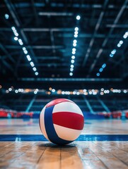 Colorful Volleyball on Court with Blurred Background Lights
