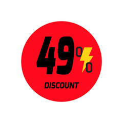 49% discount icon vector a red circular tag with and a yellow lightning bolt symbol.