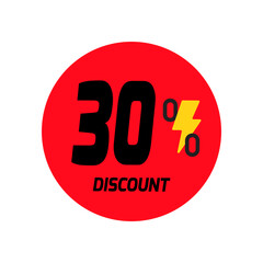30% discount icon vector a red circular tag with and a yellow lightning bolt symbol.