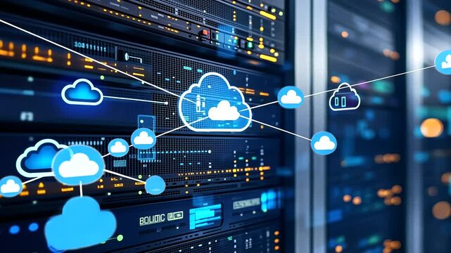 Infographic depicting data streams, cloud computing symbols, and digital security shields surrounding a migrating server from one advanced facility to another, emphasizing business