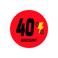 40% discount icon vector a red circular tag with and a yellow lightning bolt symbol.