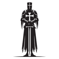 Obraz premium Melancholic Gothic Medieval Knight Statue silhouette, frozen in eternal duty - Gothic Knight illustration - Gothic Knight vector - Gothic silhouette