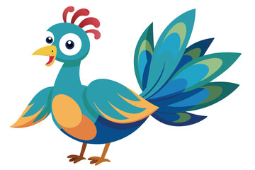 Obraz premium Cartoonish Peacock with Blue Feathers, Green Body and Ornamental Details on White