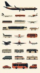 A stylized illustration showcasing various modes of transport, including planes, trains, buses, and cars, arranged in a visually appealing manner.