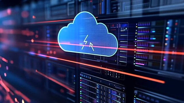 Colorful infographic combining D server graphics, cloud shapes, and directional arrows illustrating the precise path of server migration between secure data centers in a cloud-dri