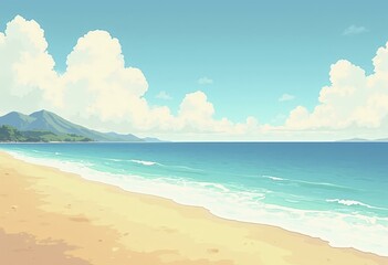 Anime Illustration of Golden Sand and Turquoise Ocean Under Bright Sky with Clouds and Green Hills