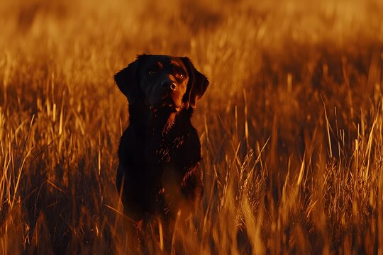 A dog standing alert in a field of tall grass its eyes focused and its fur illuminated by the soft early morning light