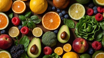 Fresh Organic Fruits and Vegetables on a Rustic Wooden Table