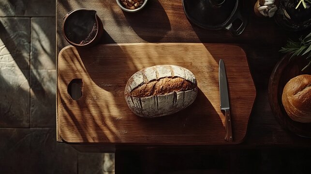 A simple wooden chopping board with a loaf of bread, knife, and space for a recipe overlay pic
