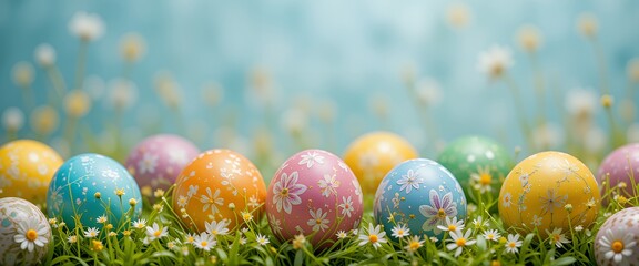 Colorful Easter eggs with floral decorations on a pastel background